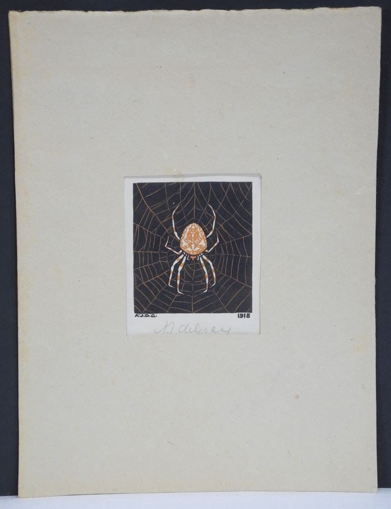 Woodblock Print Monogrammed & Signed AJDG (Julie deGraag), 3 1/8" x 2 7/8 ", "Spider" 1918. (1 of 5)