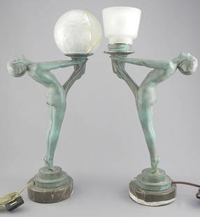 Pair of Art Deco Lamps signed (Max) Le Verrier, 12 1/2"h, C.1930, Shades & Resto. Noted.: Pair of Art Deco Lamps signed (Max) Le Verrier, 12 1/2"h, C.1930, Shades & Resto. Noted.