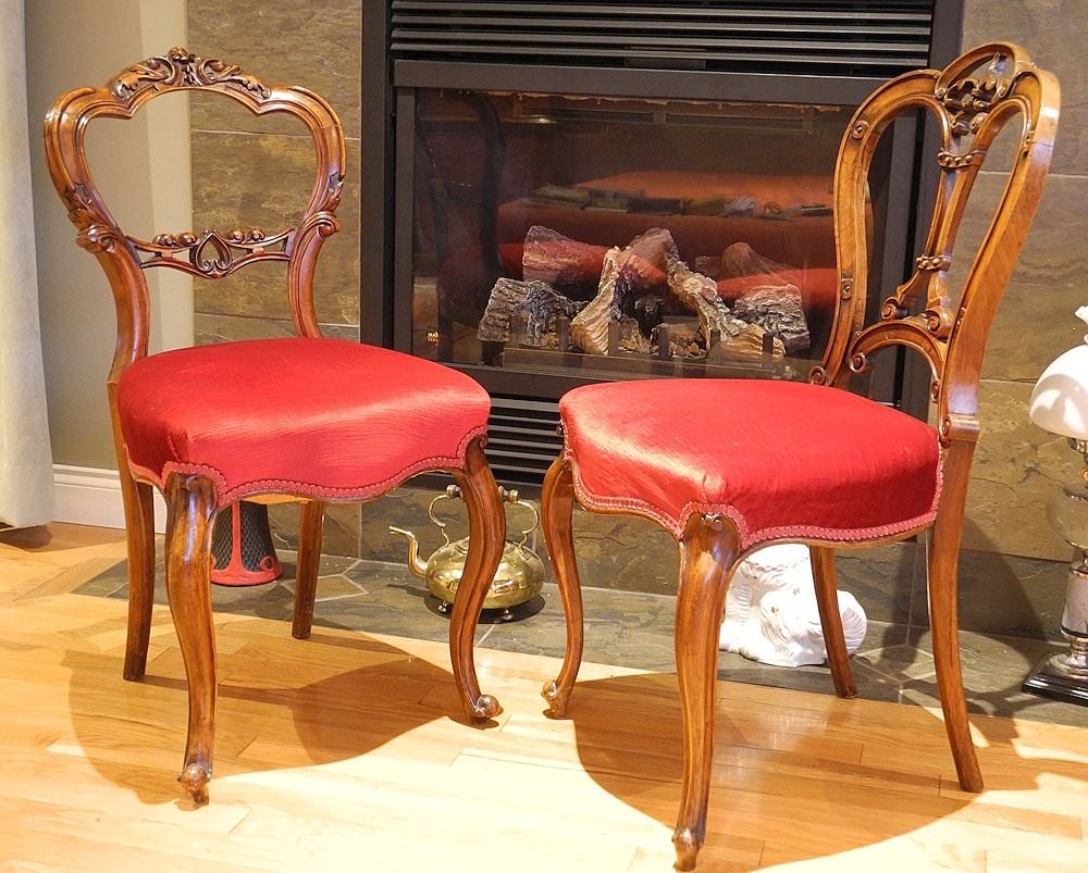 Two Victorian Carved Mahogany Cabriole Legside Chairs with Red Upholstery, 33 1/4 x 34 3/ (1 of 4)