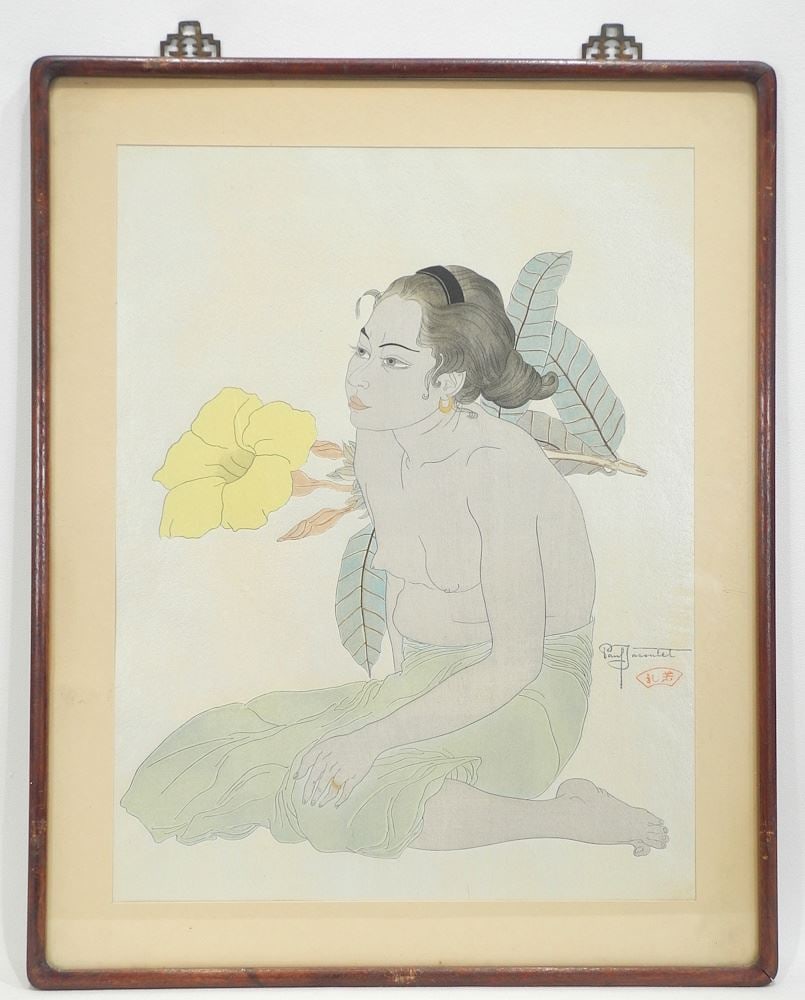 Woodblock Print by Paul Jacoulet, 15 1/8 x 11 5/8", "Jeune Fille de Saipan".: Woodblock Print by Paul Jacoulet, 15 1/8 x 11 5/8", "Jeune Fille de Saipan".