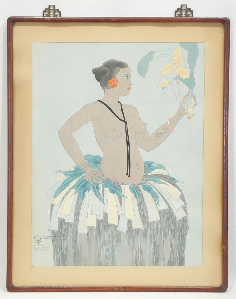 Woodblock Print by Paul Jacoulet, 15 x 11 3/4", "Belle de Yap et Orchides". (1 of 7)