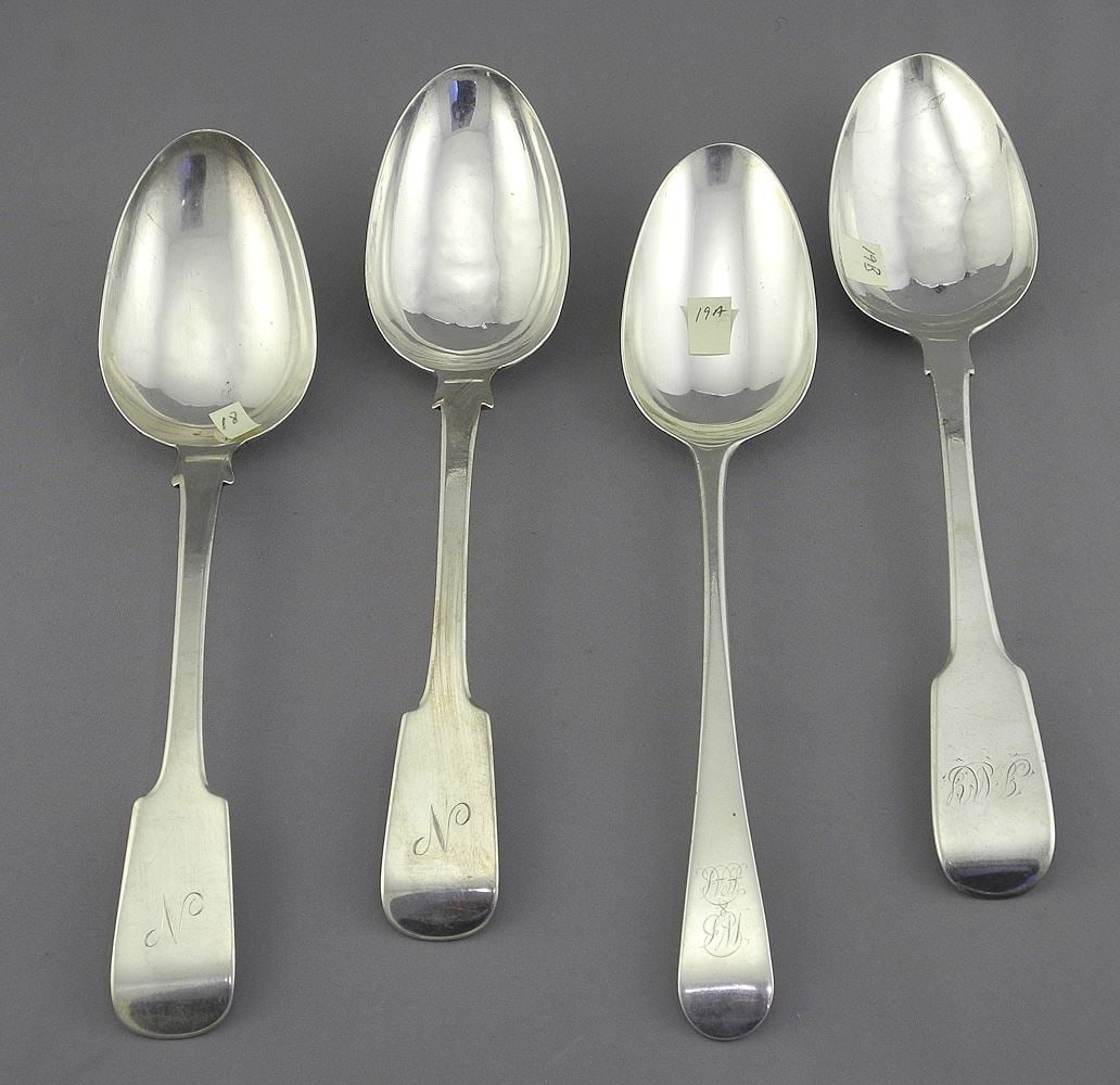Four Various Georgian Silver Table Spoons, 8 1/2"L, 253g. (1 of 3)