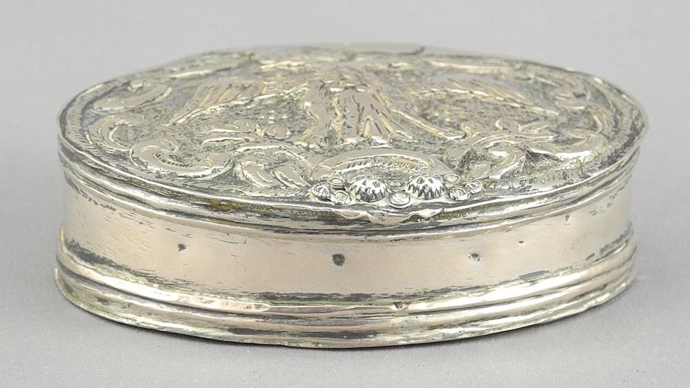 19th C. Russian Low Grade Silver (tested) Snuffbox, 2 7/8"w., 67g. (1 of 4)