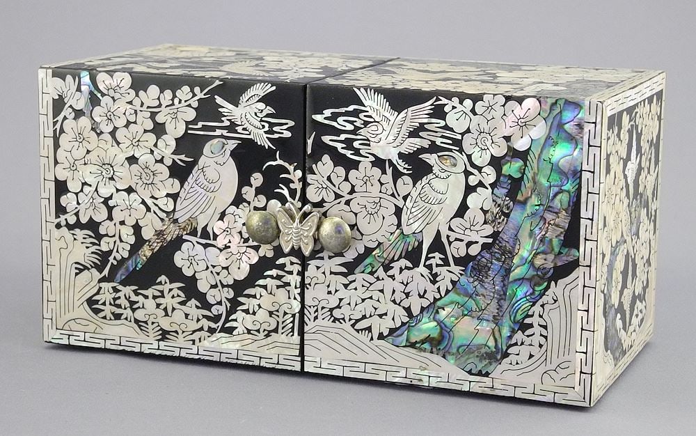 Chinese Hinged Double Square Form Jewelry Box, Mother of Pearl Inlaid.: Chinese Hinged Double Square Form Jewelry Box, Mother of Pearl Inlaid.