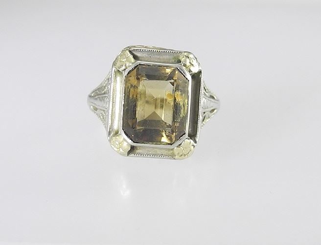 Art Deco 14K (marked) & Emerald Cut Yellow Stone Ring, Size 6 1/4, 2.8g. (1 of 5)