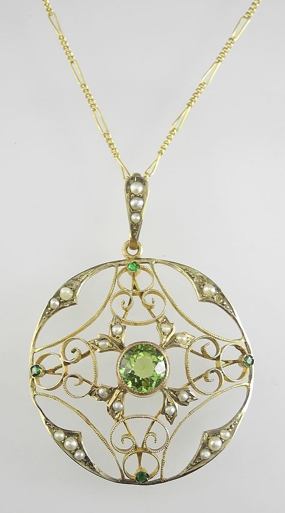 Edwardian 9ct (marked) Gold Seed Pearl Pendant on 9ct Chain (16"L), 4.4g. (1 of 4)