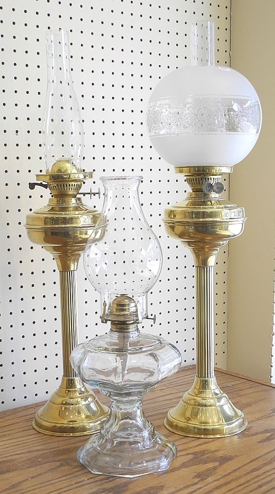 Pair of 19th C. Brass Bouquet Lamps (one globe) & One Pressed Glass Oil Lamp, 28 1/4 & 18"h. (1 of 1)
