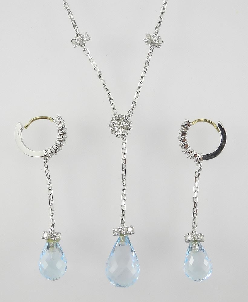 14K (marked 585) White Gold Swiss Blue Topaz & Zircon Necklace & Earrings, 16"L, TW 10.6g. (1 of 3)