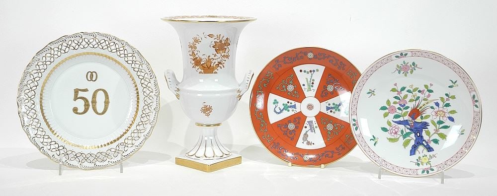 Collection of Herend Porcelain, Four Pieces, Urn (9 5/8"), Anniversary Dish, 2 Plates. (1 of 5)