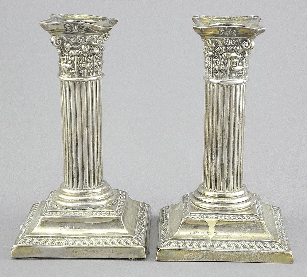 Pair of Hallmarked Silver Corinthian Candlesticks, 5 1/8"h (weighted), TW 493g (as found). (1 of 3)