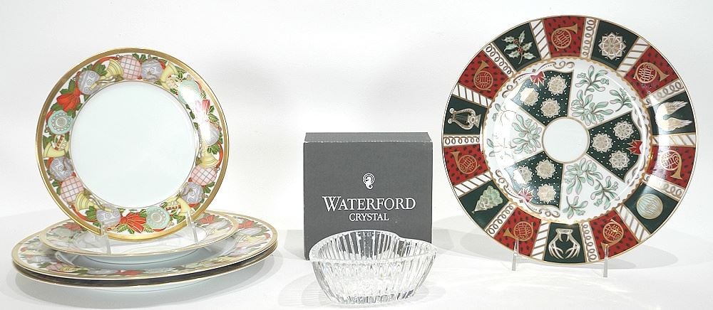 Collection of Christian Dior Christmas Plates & One Neiman Marcus Waterford Dish.: Collection of Christian Dior Christmas Plates & One Neiman Marcus Waterford Dish.