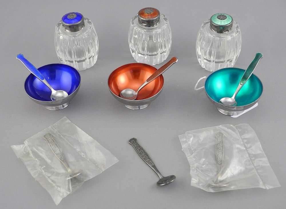 Meka Denmark Sterling & Enamel Condiment Set (salts not sterling). (1 of 2)