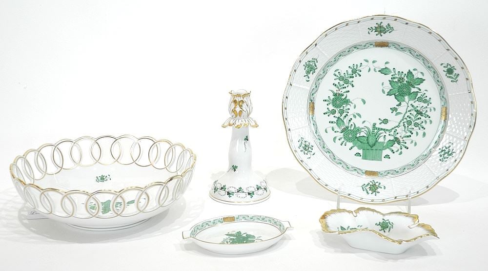Collection of Herend "Chinese Bouquet Green" Porcelain, Five Pcs, Plate 10" Diam. (1 of 6)