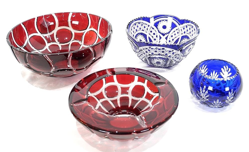 Four Pieces of Ruby & Cobalt Overlay Crystal, 4 1/4 - 10" Diameter, Large Bowl Cracked. (1 of 4)