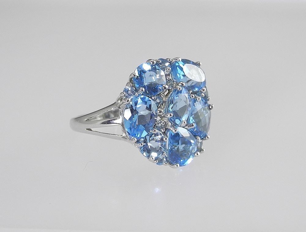 Sterling (marked 925) Silver Swiss Blue Topaz Cocktail Ring, Size 9, 6.2g. (1 of 4)