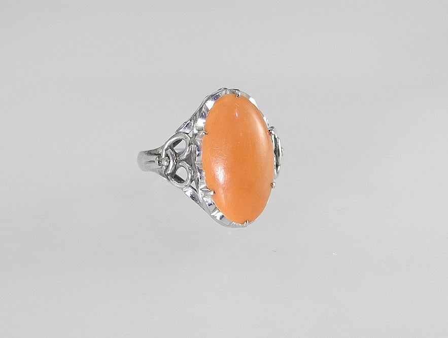 Chinese 10K (tested) White Gold & Coral Ring, Size 4 1/4, 3.5g, with Box.: Chinese 10K (tested) White Gold & Coral Ring, Size 4 1/4, 3.5g, with Box.