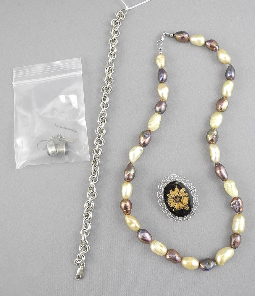 Sterling Silver (marked 925/14g) Bracelet with Freshwater Pearl Necklace/Floral Brooch...: Sterling Silver (marked 925/14g) Bracelet with Freshwater Pearl Necklace/Floral Brooch...