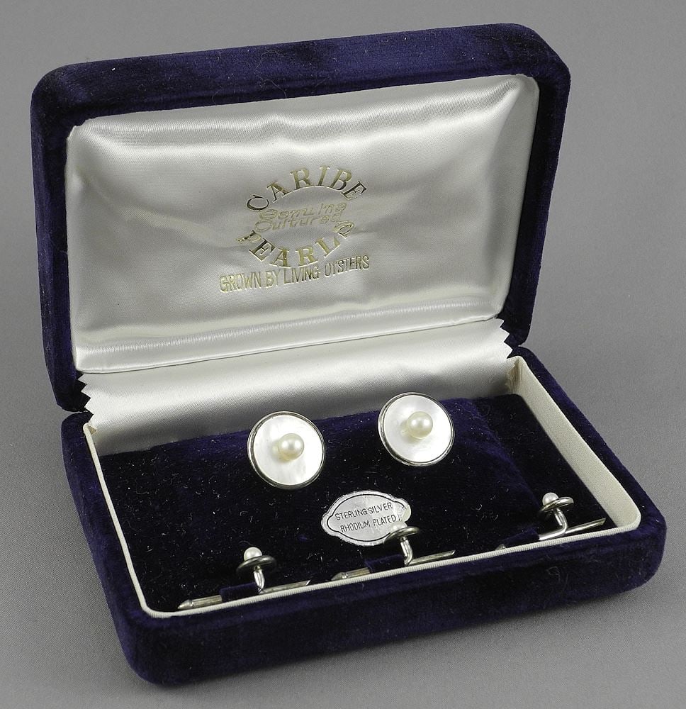 Vintage .900 Silver (marked 900 sterling) Caribe Pearls Tuxedo Set, C.1958. (1 of 4)