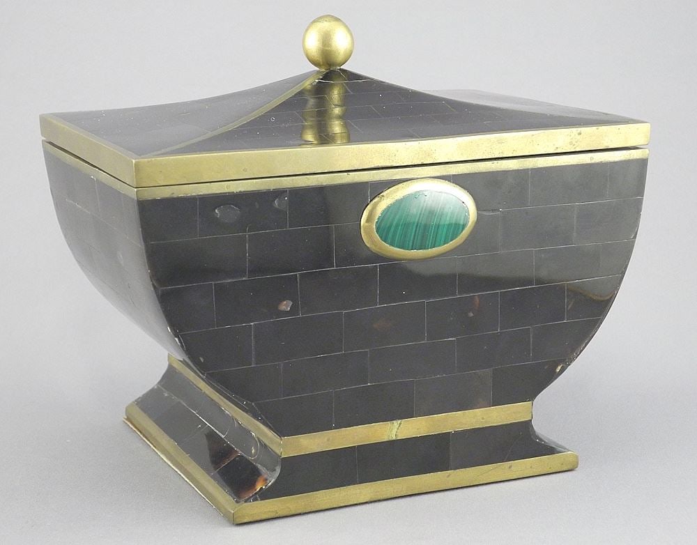 Art Deco Brass Bound Tortoiseshell & Malachite Box, 6 1/8 x 7 1/8 x 5 1/8", NO EXPORT.: Art Deco Brass Bound Tortoiseshell & Malachite Box, 6 1/8 x 7 1/8 x 5 1/8", NO EXPORT.