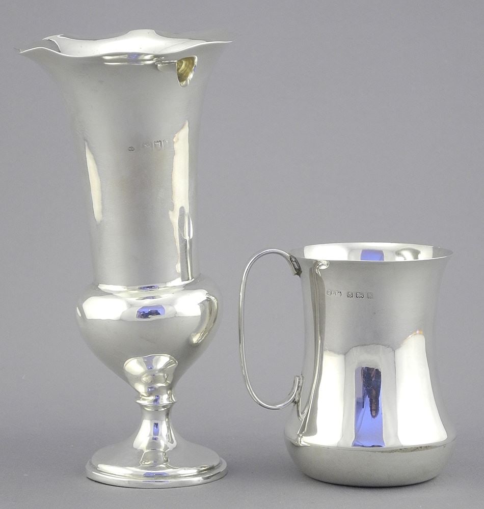 Hallmarked Silver Cup (59g) & Dented Vase with Weighted Base, TW 222g.: Hallmarked Silver Cup (59g) & Dented Vase with Weighted Base, TW 222g.
