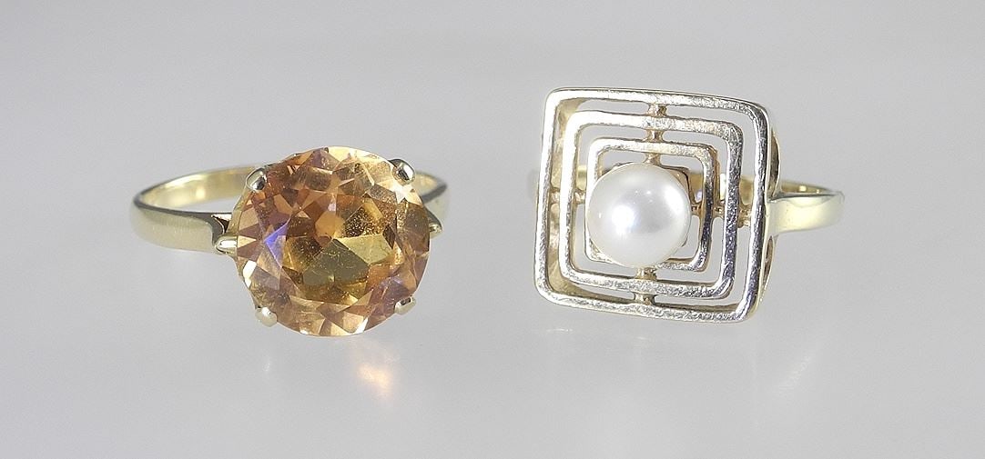 Two 10K (marked) Gold Rings, Pearl & Citrine, Size 10 & 10 1/4, TW 8.85g. (1 of 3)