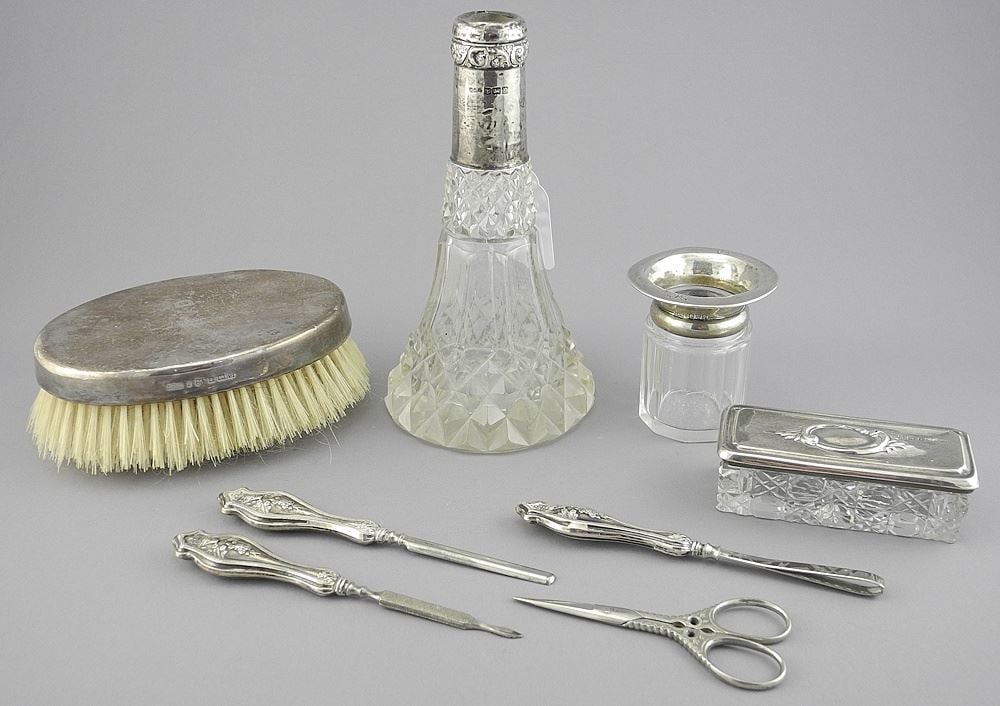 Collection of Sterling silver Sundries; Brush, Bottle (no stopper) , etc. (1 of 4)