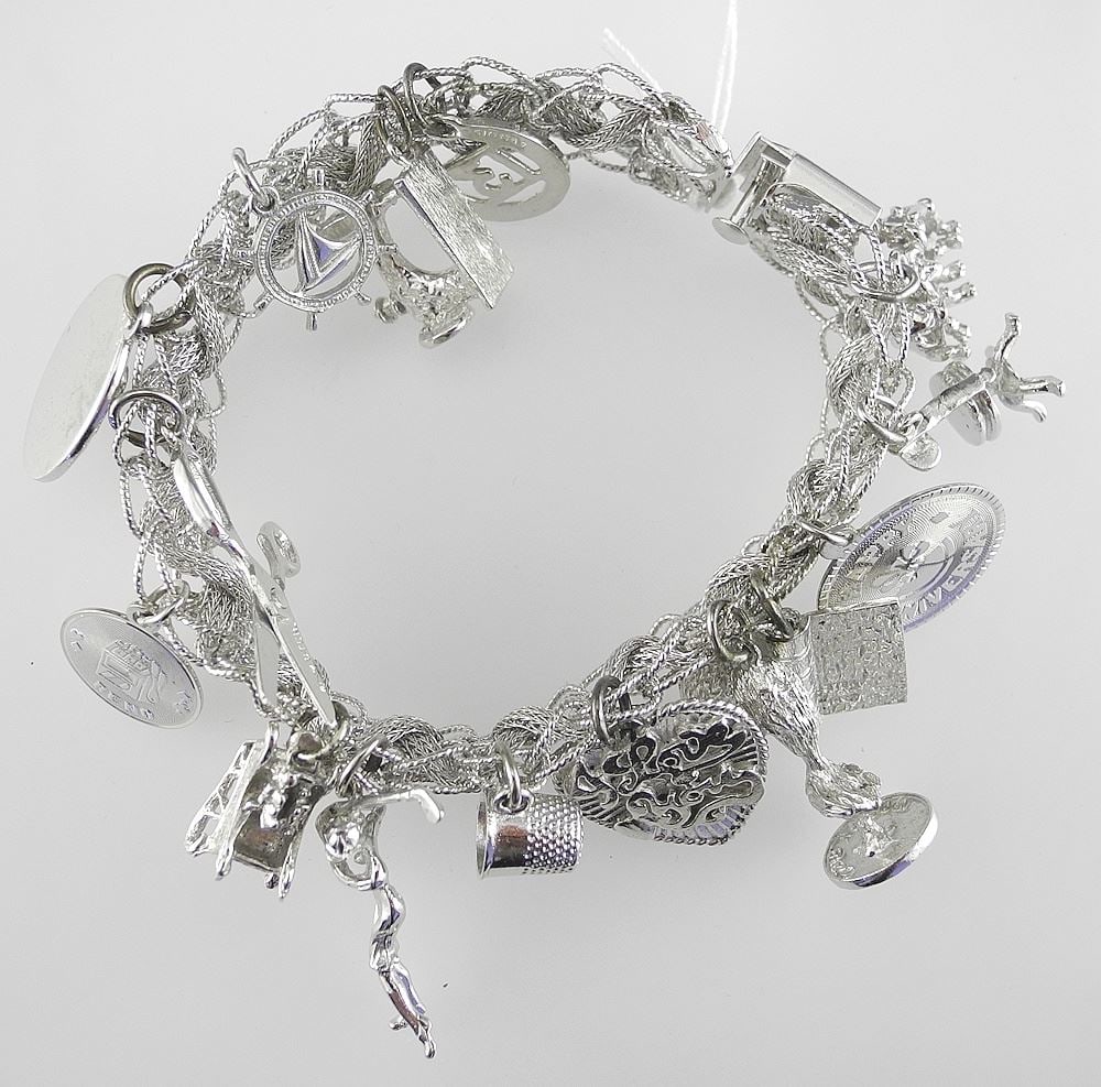 1960's Sterling Silver Charm Bracelet, 7 1/4"L, 55g. (1 of 2)