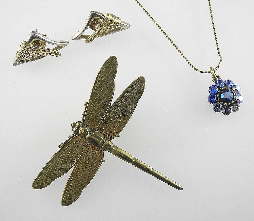 Art Nouveau Style Dragonfly Pin with Michael Negrin Necklace & Gold Tone Earrings.: Art Nouveau Style Dragonfly Pin with Michael Negrin Necklace & Gold Tone Earrings.