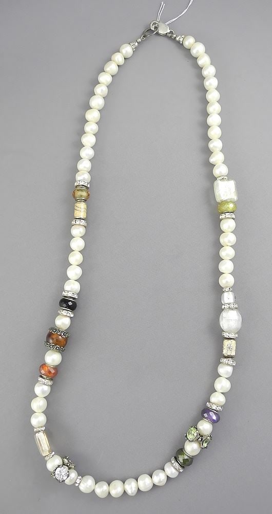 Freshwater Pearl Necklace with Various Stone Enhancers, 28"L, Clasp 925.: Freshwater Pearl Necklace with Various Stone Enhancers, 28"L, Clasp 925.