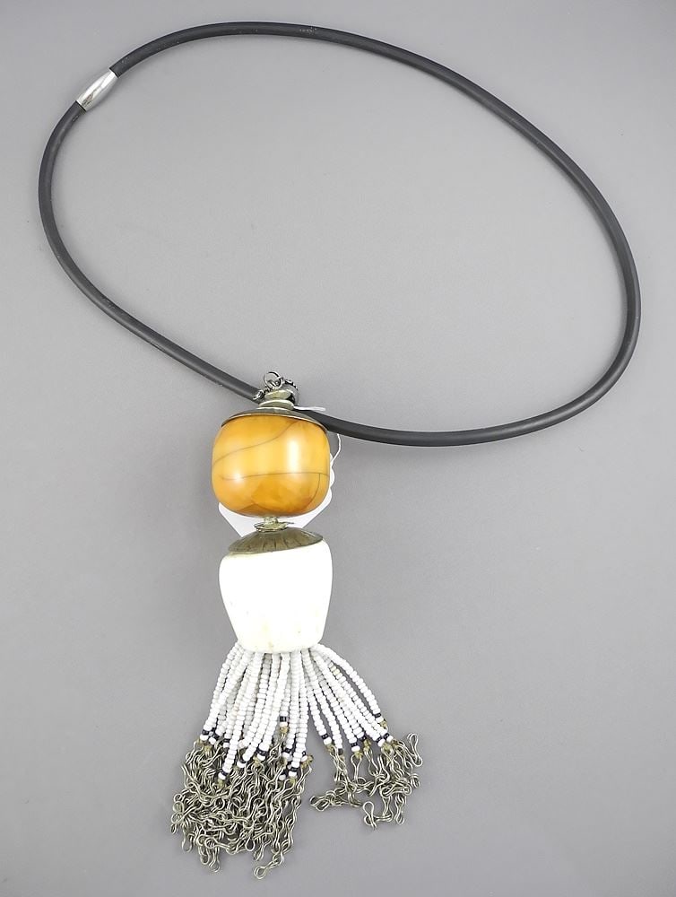 Moroccan Amber Bead & Shell Pendant (8 1/2"h) on Card.: Moroccan Amber Bead & Shell Pendant (8 1/2"h) on Card.