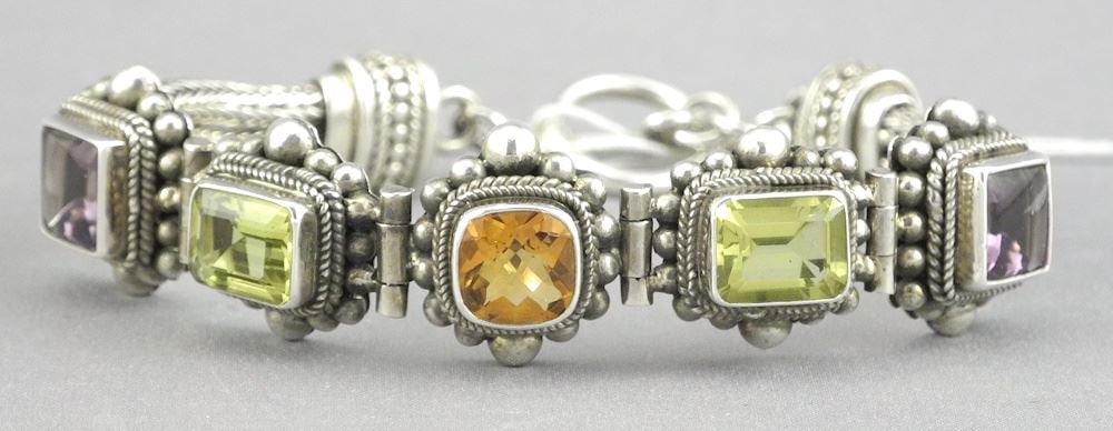 Sterling (925) Silver Peridot Citrine & Amethyst Bracelet, 6 1/2"L , 38.2g.: Sterling (925) Silver Peridot Citrine & Amethyst Bracelet, 6 1/2"L , 38.2g.