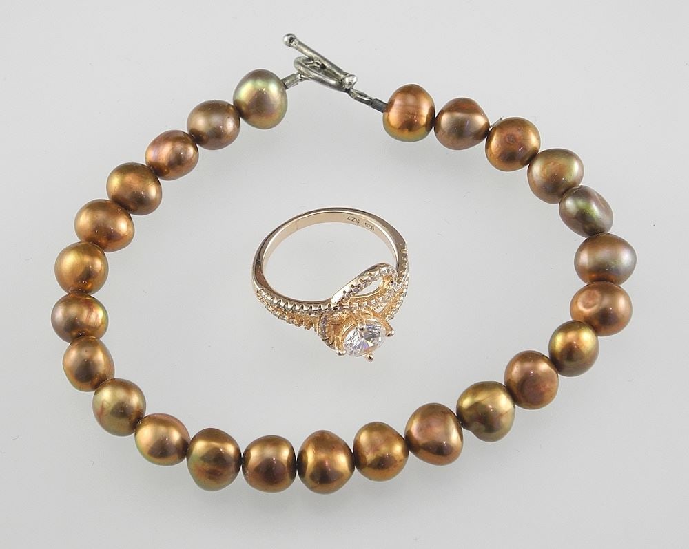 Sterling & Zircon Ring & Silver Copper/Pearl Bracelet.: Sterling & Zircon Ring & Silver Copper/Pearl Bracelet.