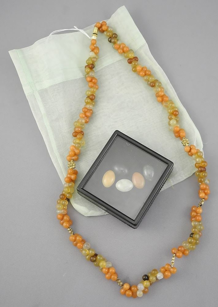 Collection of Burmese Jade Cabochons & Agate Pebble Necklace, 21"L. (1 of 2)