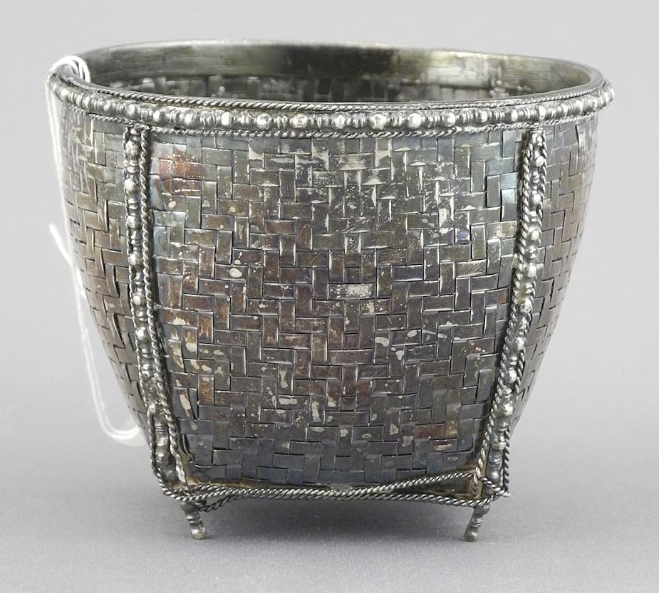 Japanese Fine Silver (tested) Basket , 2 3/8 x 3" Diameter, 80.5g.: Japanese Fine Silver (tested) Basket , 2 3/8 x 3" Diameter, 80.5g.