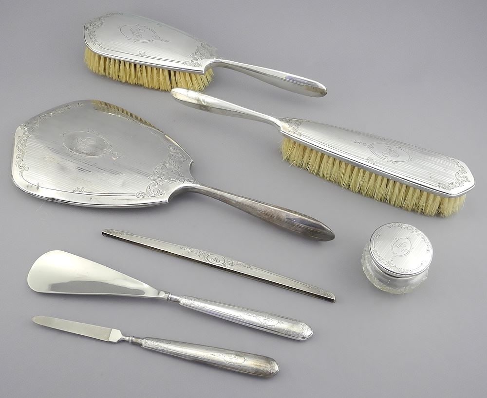 Seven Piece Birk Sterling (marked) Silver Dresser Set, Approximately 745g.: Seven Piece Birk Sterling (marked) Silver Dresser Set, Approximately 745g.