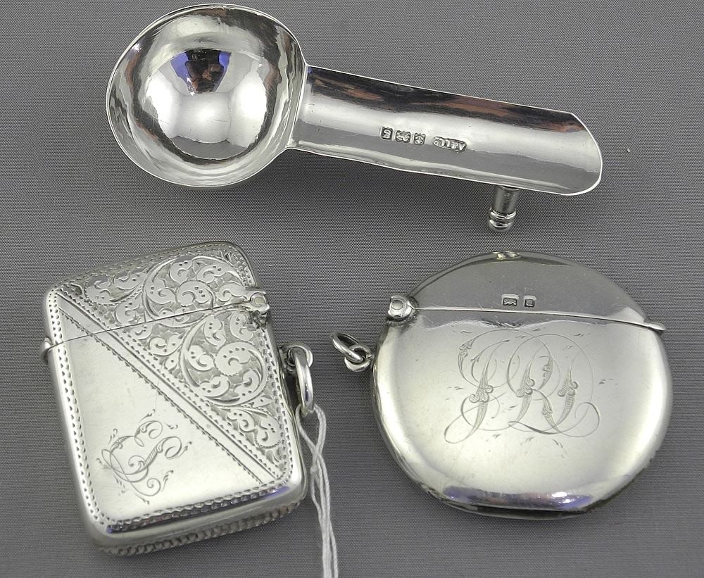 Two Hallmarked Silver Vesta Cases & Ashtray, 1 3/4 & 1 7/8"h, 51g. (1 of 3)