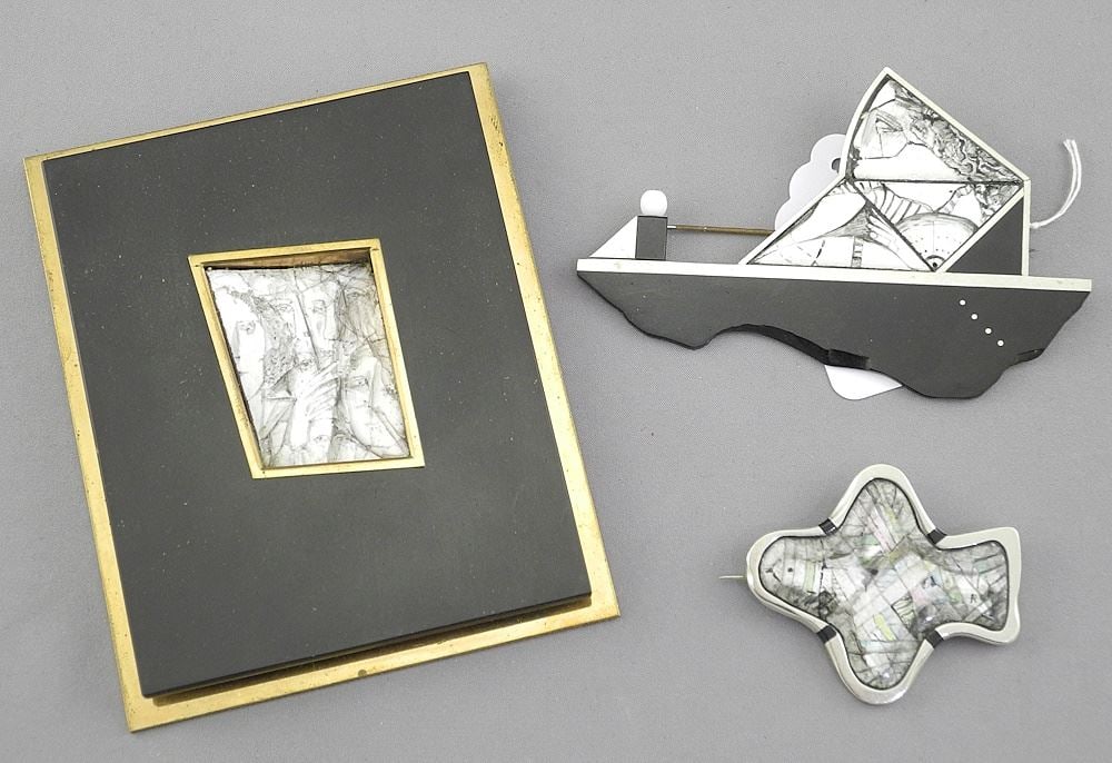 Three Enameled Jewelry Items: One Monogrammed AR, 1 7/8 - 4 1/8"h.: Three Enameled Jewelry Items: One Monogrammed AR, 1 7/8 - 4 1/8"h.