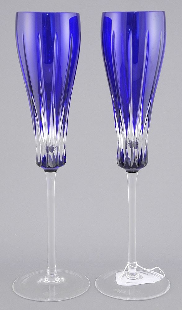 Pair of Birks "Soliel Blue" Champagne Flutes, 10 1/4"h.: Pair of Birks "Soliel Blue" Champagne Flutes, 10 1/4"h.