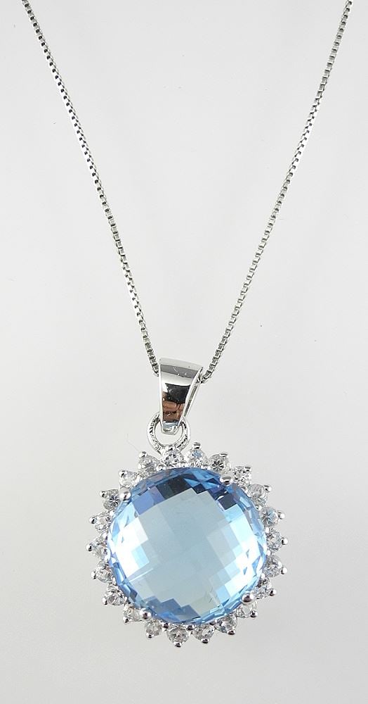 Sterling (marked) Silver Cushion Cut Blue Topaz Pendant on Chain, 17"L, 7.6g. (1 of 4)