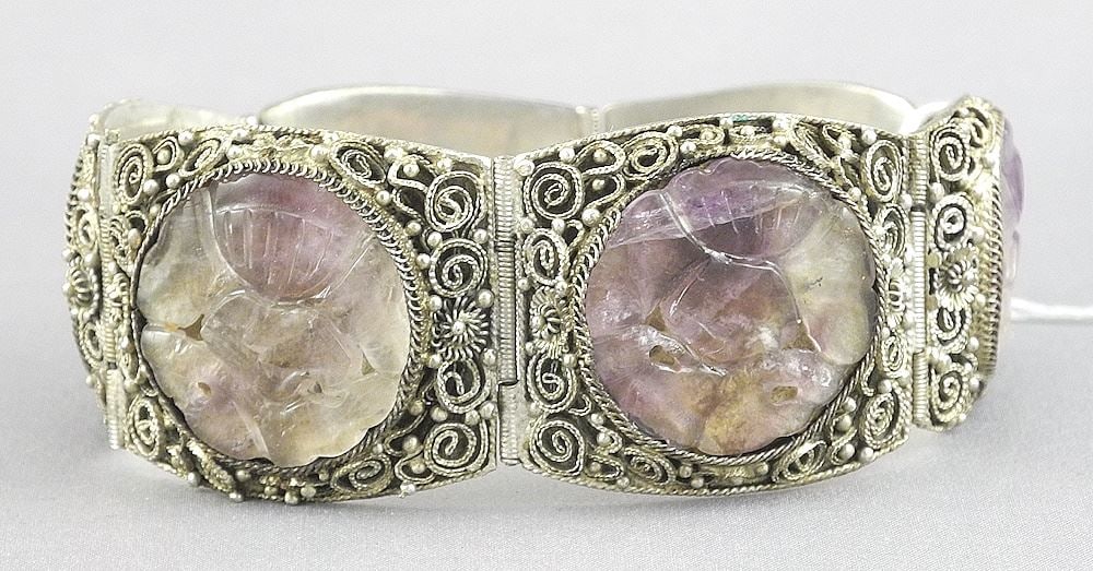 Antique Chinese Carved Amethyst & Filigree Silver Plated Bracelet, 7", 40.7g. (1 of 2)