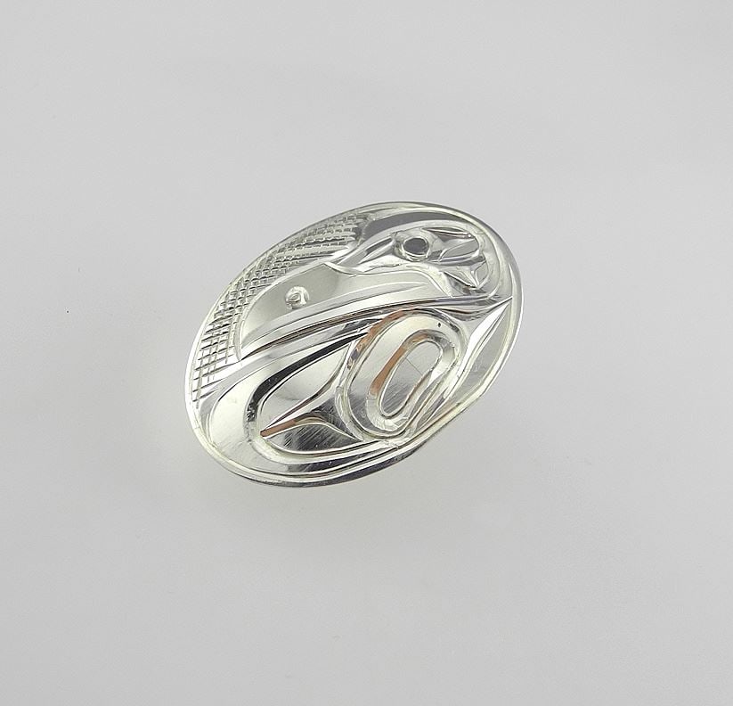 Kwagiulth Silver Pendant Monogrammed PS (Pat Seaweed), 1 1/8"h, 4.7g, "Raven".: Kwagiulth Silver Pendant Monogrammed PS (Pat Seaweed), 1 1/8"h, 4.7g, "Raven".