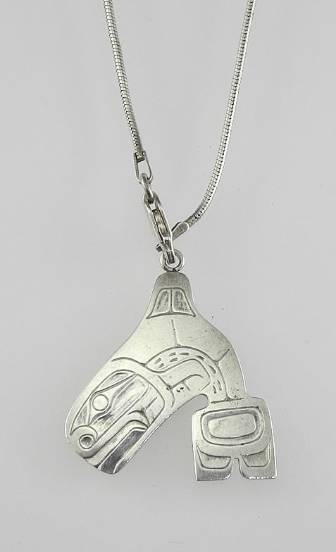 Kwagiulth Silver "Orca" Pendant Monogrammed FAH (Ambers) on Chain (17"L), 8.5g.: Kwagiulth Silver "Orca" Pendant Monogrammed FAH (Ambers) on Chain (17"L), 8.5g.