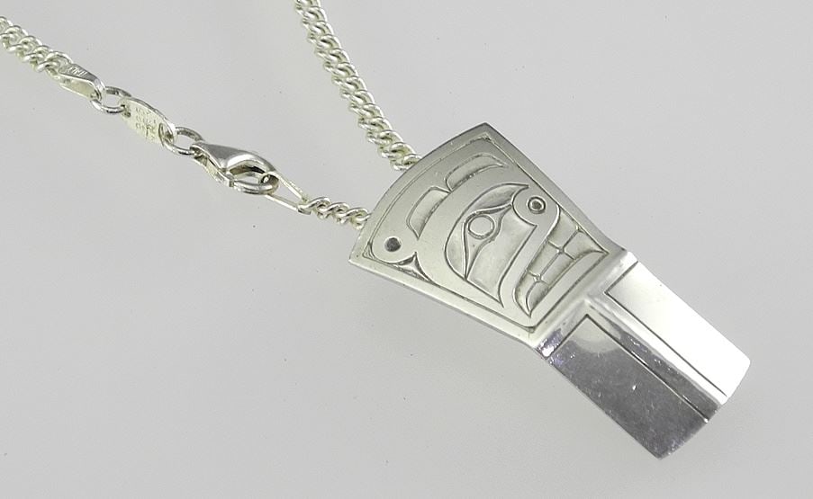 Kwagiulth Silver "Copper" Pendant Monogrammed FAH (Ambers) on Chain (23"L), 16.2g.: Kwagiulth Silver "Copper" Pendant Monogrammed FAH (Ambers) on Chain (23"L), 16.2g.