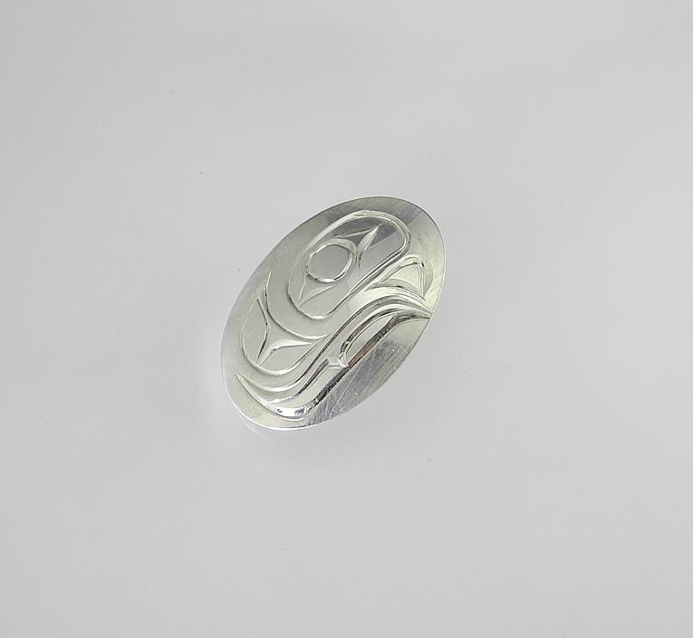 Kwagiulth Silver Pendant Monogrammed PS (Pat Seaweed), 1 1/8"h, 4.9g, "Salmon Egg".: Kwagiulth Silver Pendant Monogrammed PS (Pat Seaweed), 1 1/8"h, 4.9g, "Salmon Egg".