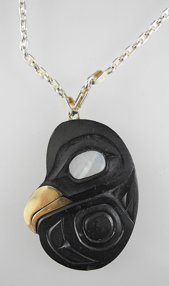 Argillite Gold & Mother of Pearl "Raven" Pendant on 925 Chain, 15"L.: Argillite Gold & Mother of Pearl "Raven" Pendant on 925 Chain, 15"L.