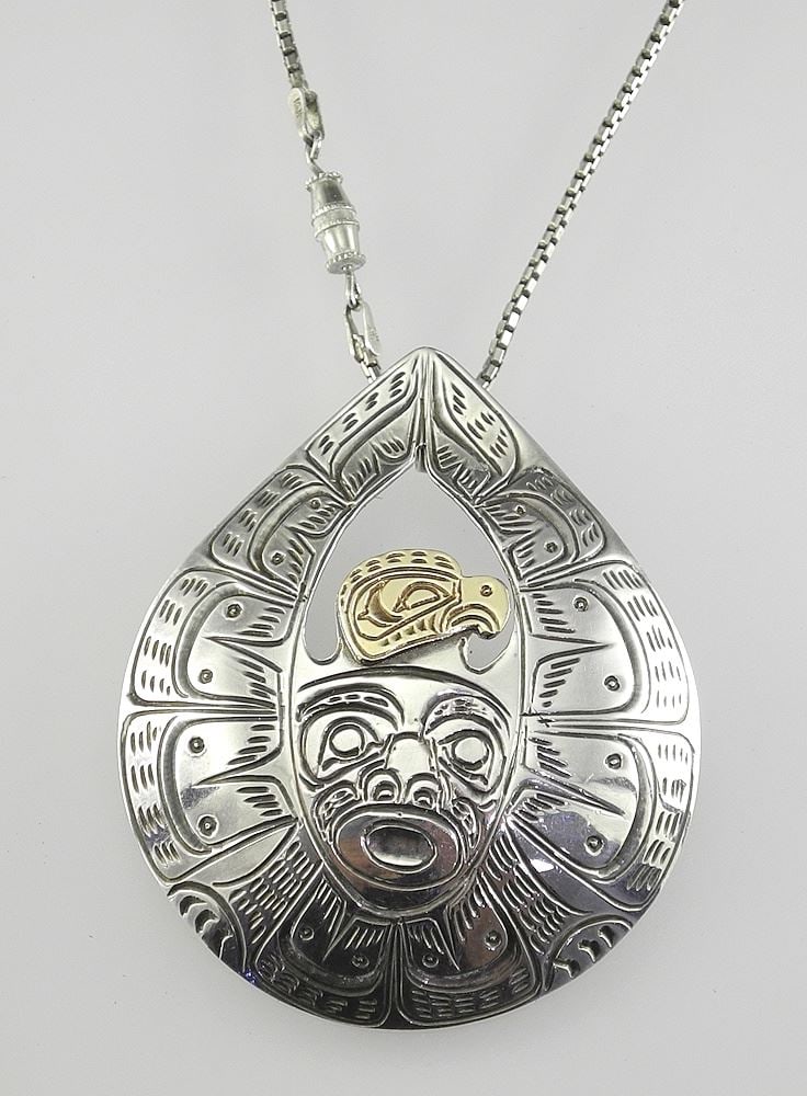 Kwagiulth Silver & Gold "Eagle" Pendant Monogrammed Alfred Seaweed, on Chain (22"L), 22.8g. (1 of 3)