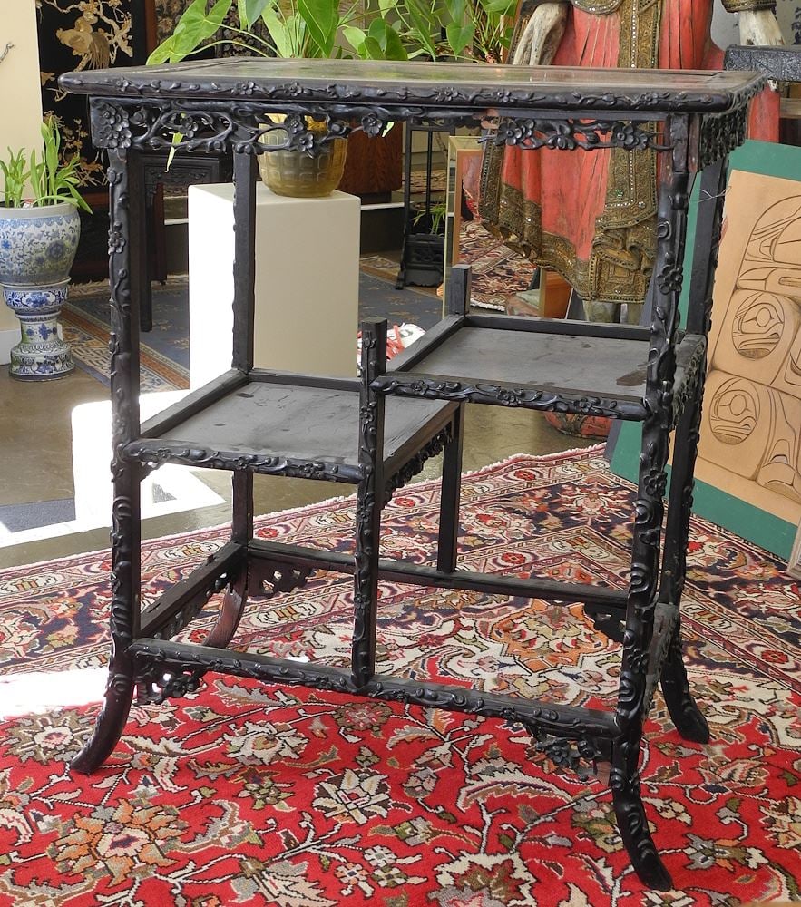 Chinese Rosewood Tiered Stand (condition noted, repaired).: Chinese Rosewood Tiered Stand (condition noted, repaired).