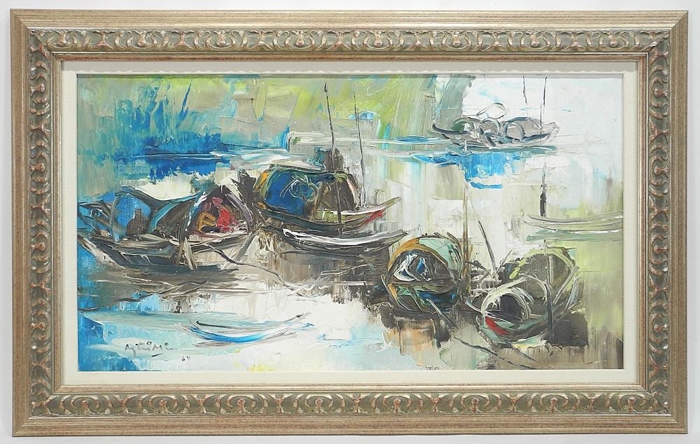 Oil on Canvas signed N. (Nyugen) Tri Ming, 15 3/4 x 28 3/4", "Vietnamese Boats".: Oil on Canvas signed N. (Nyugen) Tri Ming, 15 3/4 x 28 3/4", "Vietnamese Boats".