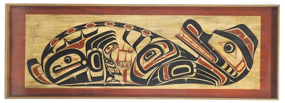 Northwest Coast-Style Mixed Media on Masonite, 16 x 47 1/4", "Otter" Ex: VanHall Antiques.: Northwest Coast-Style Mixed Media on Masonite, 16 x 47 1/4", "Otter" Ex: VanHall Antiques.