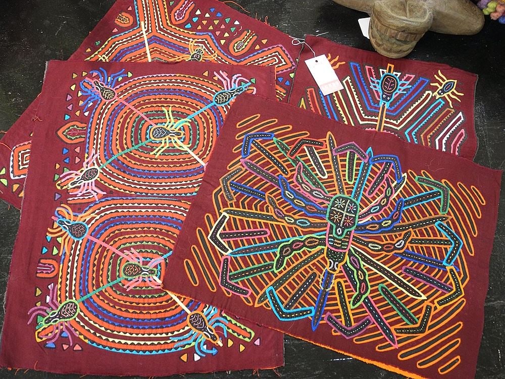 Four Kuna Panama Spider Motif Molas, Approximately 13 x 18".: Four Kuna Panama Spider Motif Molas, Approximately 13 x 18".